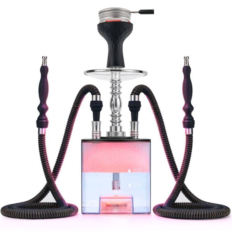 Hookah Set with Everything - Updated 2 Hoses Cube Modern Shisha include Vulcan HMD Silicone Phunnel Bowl Silk Pipes Coal Tongs Remote LED Light for Great Smoking | Easy Cleaning Easy Pull (2hoses)