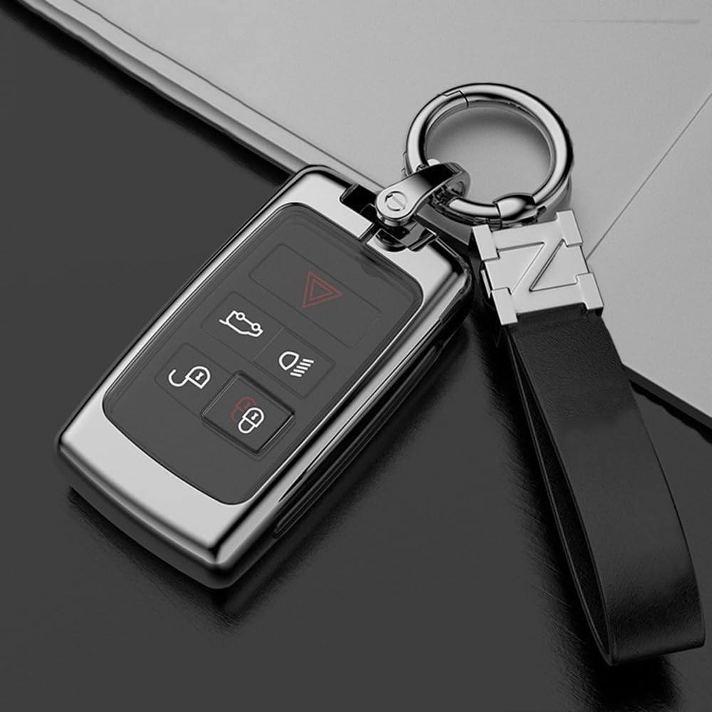 5-Button Zinc Alloy Key Fob Cover Fit for Land Rover Discovery Sport/Ranger Rover/Defender/Evoque/Velar Key Protention Accessories with Leather Keychain (B,Silver)