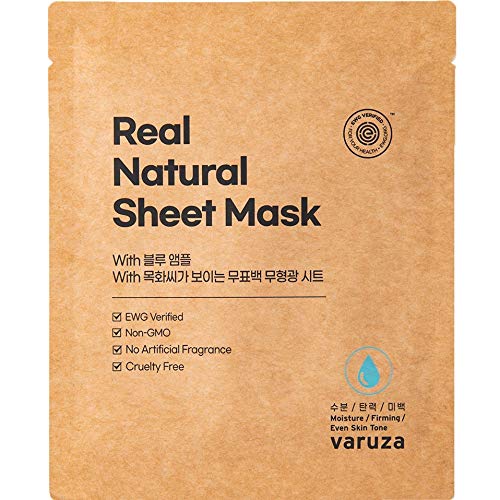 [varuza] Real Natural Sheet Mask with Blue Ampoule with Unbleached & Non-fluorescent sheet EWG Verified Non-GMO Cruelty Free No Artificial Fragrance Firming Even Skin Tone (10 PACK, BLUE AMPOULE)