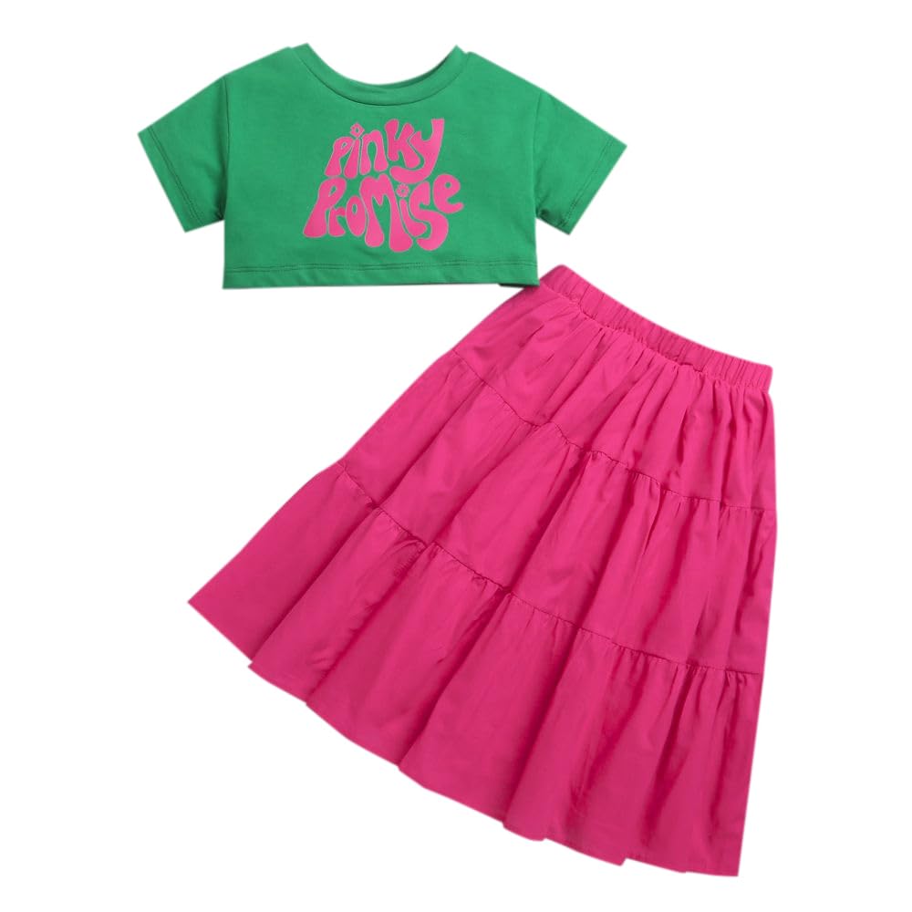 HopscotchGirls Cotton Blend Text Print T-Shirt Skirt Set in Green Color