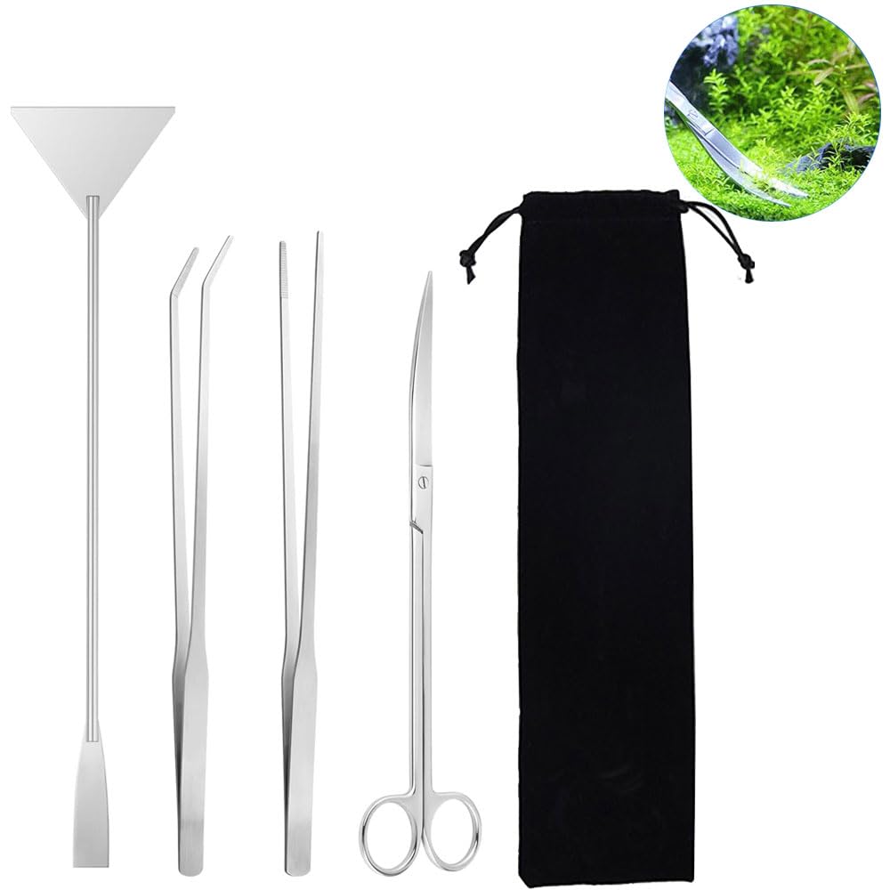 HOOTO Aquarium Aquascape Tools Kit, Stainless Steel Aquatic Plants Tools, 4 in 1 Anti-Rust Aquascaping Tweezers Scissors Spatula Tool Set for Fish Tank Cleaning Plant Trimming