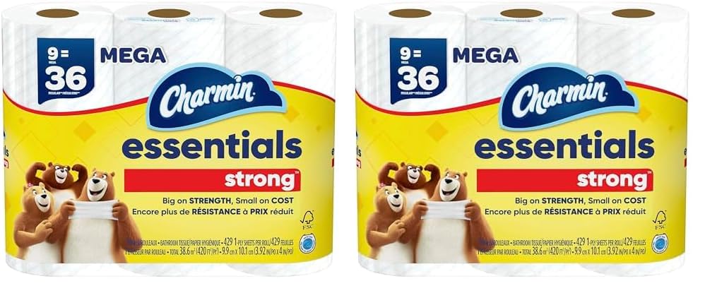 CharminEssentials Strong Toilet Paper, 9 Mega Rolls : 36 Regular Rolls (Pack of 2)