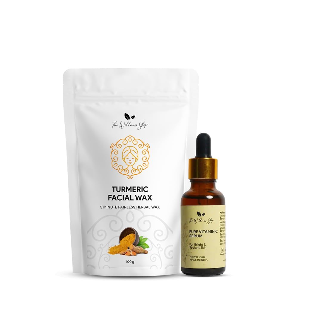 The Wellness Shop -Turmeric Facial Wax Powder, 5 min Painless, No chemicals - No Irritation, No Skin rashes. (100g) & Pure Vitamin C Serum for Women - Bright And Radiant Skin (30ml) Pack Of 2)