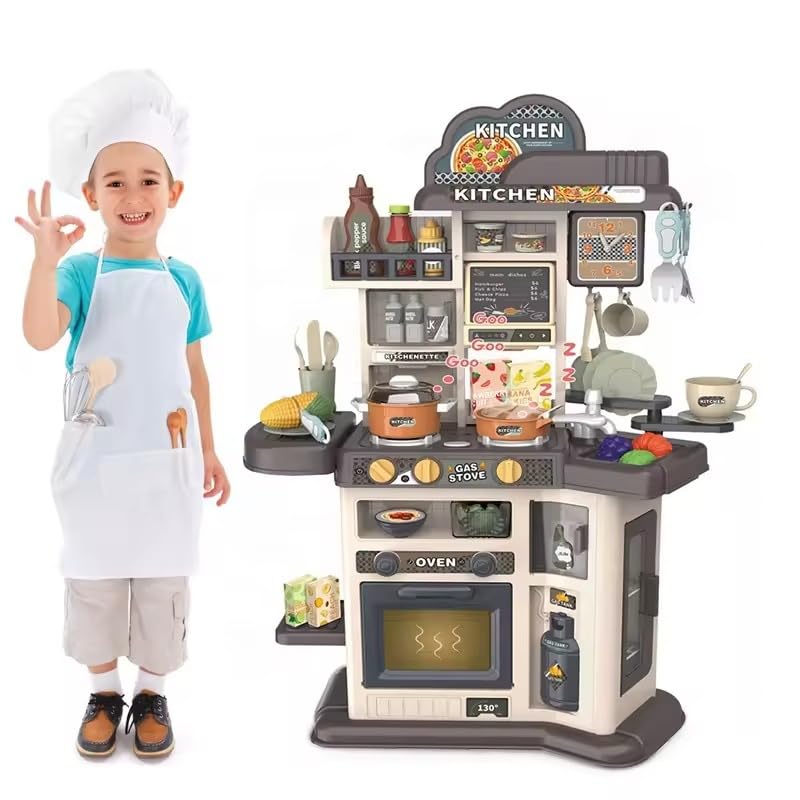 KIDSAVIA® - Big Kitchen Toys Playset, Kids Pretend Play Kitchen Realistic Simulation of Mist Spray, Play Sink with Running Water, Lights & Sound with 46 Accessories for Girls Boys, Gray (80cm Tall)