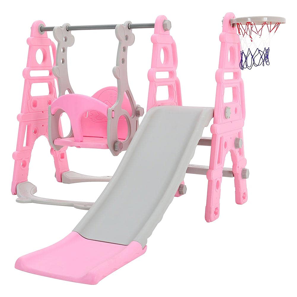 FUKEA Baby Swing Slide, 4-in-1 Toddler Slide and Swing Set with Basketball Hoop, Garden Climbing Frame, Outdoor Indoor Large Slide Swing for Toddlers Age 1-3, Kids Gift (Pink)