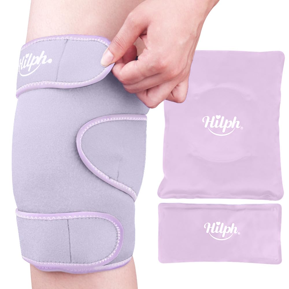 HilphLarge Knee Ice Pack Wrap for Replacement Surgery and Meniscus Tear, Reusable Hot Cold Compression Knee Wrap with 2 Gel Cold Packs Around Entire Knee for Pain Relief, ACL, Swelling (Purple)