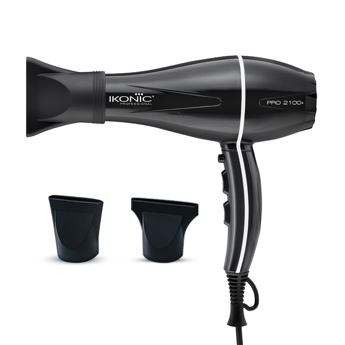 Ikonic Pro 2100+ Hair Dryer 2000W, Black, 3 heat and 2 speed settings, Cool Shot, Low Noise Function Interchangeable Nozzles, Professional Styling, For Women and Men, All Hair Type