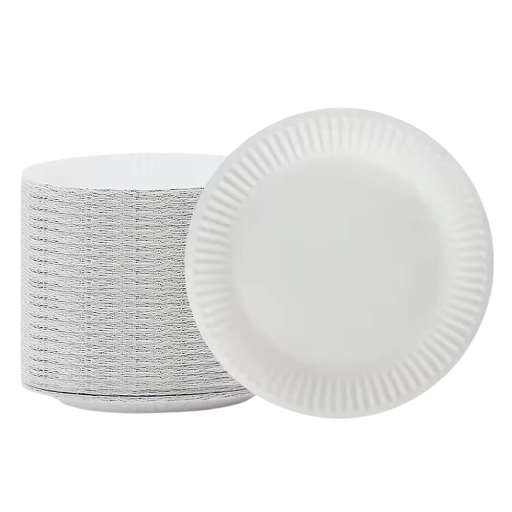 1ABOVE 100 Pack of 7-inch Disposable Paper Plates, 18cm White Paper Plates Perfect for Everyday use, Ideal for BBQ's, Parties and Events.