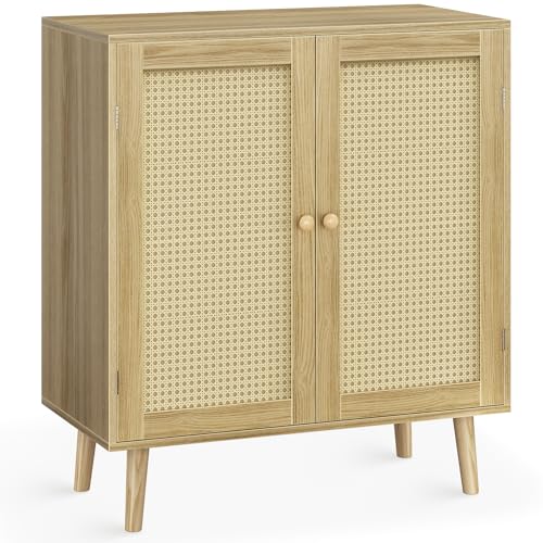 Huuger Buffet Cabinet with Storage, Storage Cabinet with PE Rattan Decor Doors, Accent Cabinet with Solid Wood Feet, Sideboard Cabinet for Hallway, Entry, Living Room, Natural