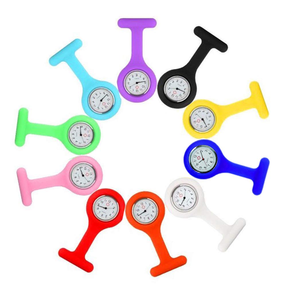 LinTimes Fob Watches for Nurses, 10 Pcs/Set Clip on Nurse Watches for Women Men, Unisex Portable Silicone Clip-on Quartz Watches with Second Hand for Doctor