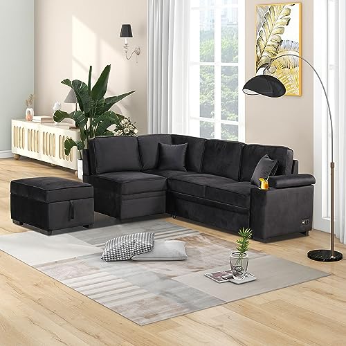 FANYE L-Shaped Corner Sleeper Sectional Sofa Modern Living Room Velvet Tufted Upholstered Daybed W/Pull Out Couch Bed Convertible Sleep Sofabed with Storage Ottoman,USB Ports and Power Socket