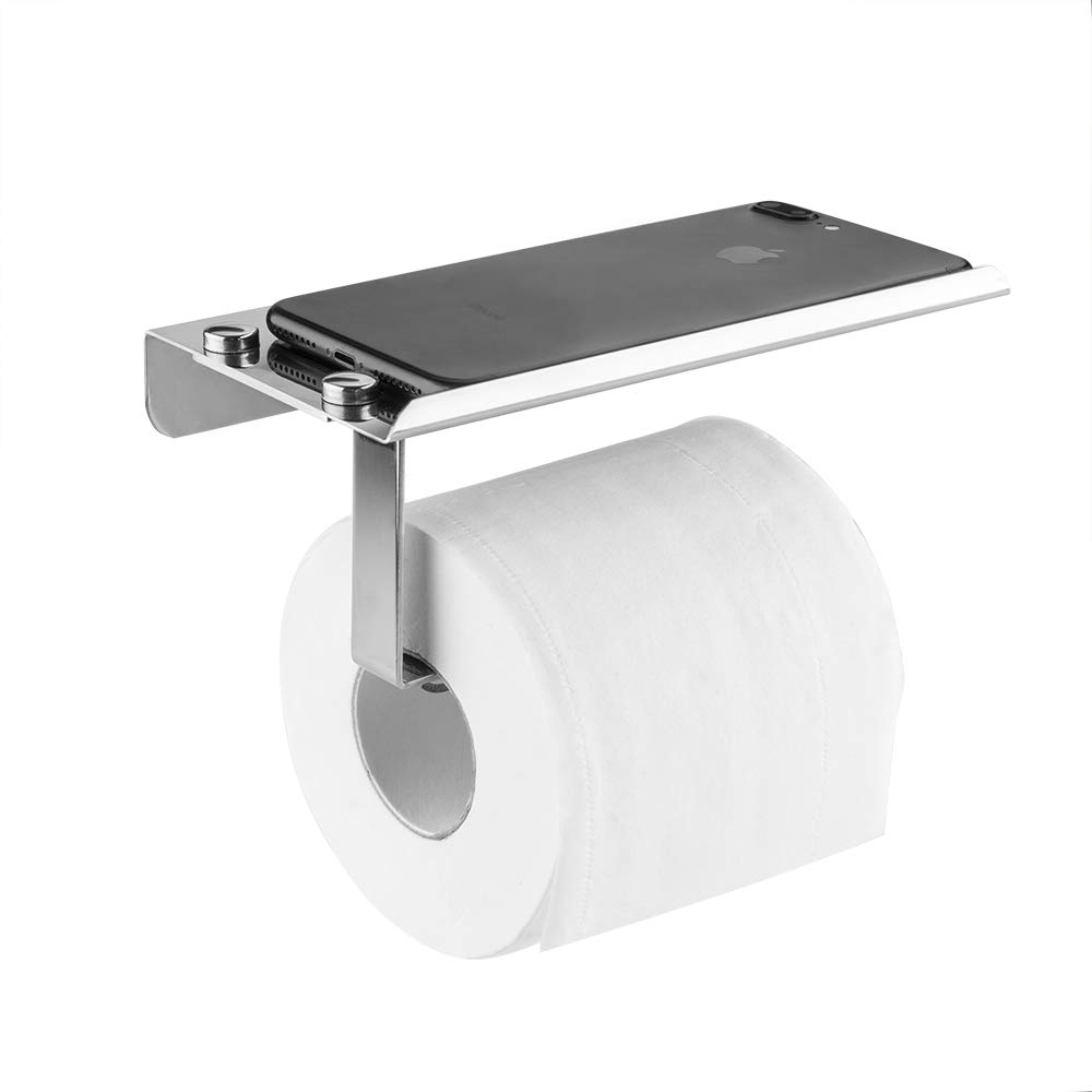 devesanter Toilet Roll Paper Holder Wall Mounted Self Adhesive Bathroom Tissue Dispenser Stainless Steel Toilet Paper Roll Storage with Mobile Phone Holder Stand