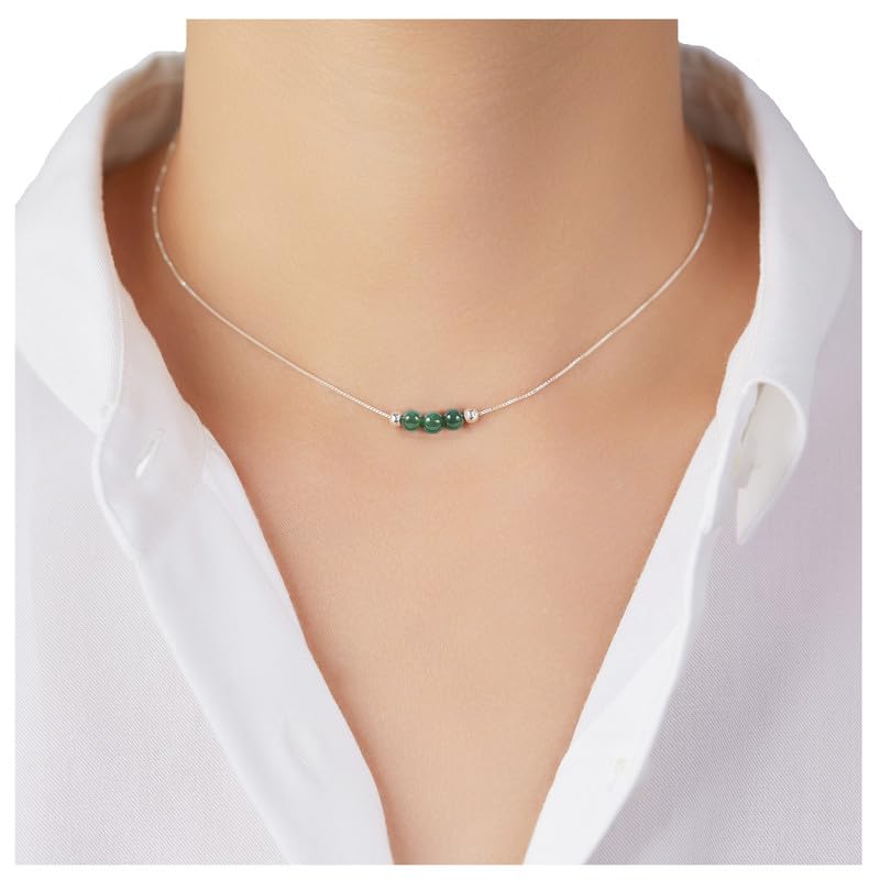 Dainty Real Green Jade 925 Sterling Silver Choker Collar Necklace and Spiritual Healing Feng Shui Crystal Stone Pendant Handmade Necklace Chain Jewelry Gift for Women Young Lady