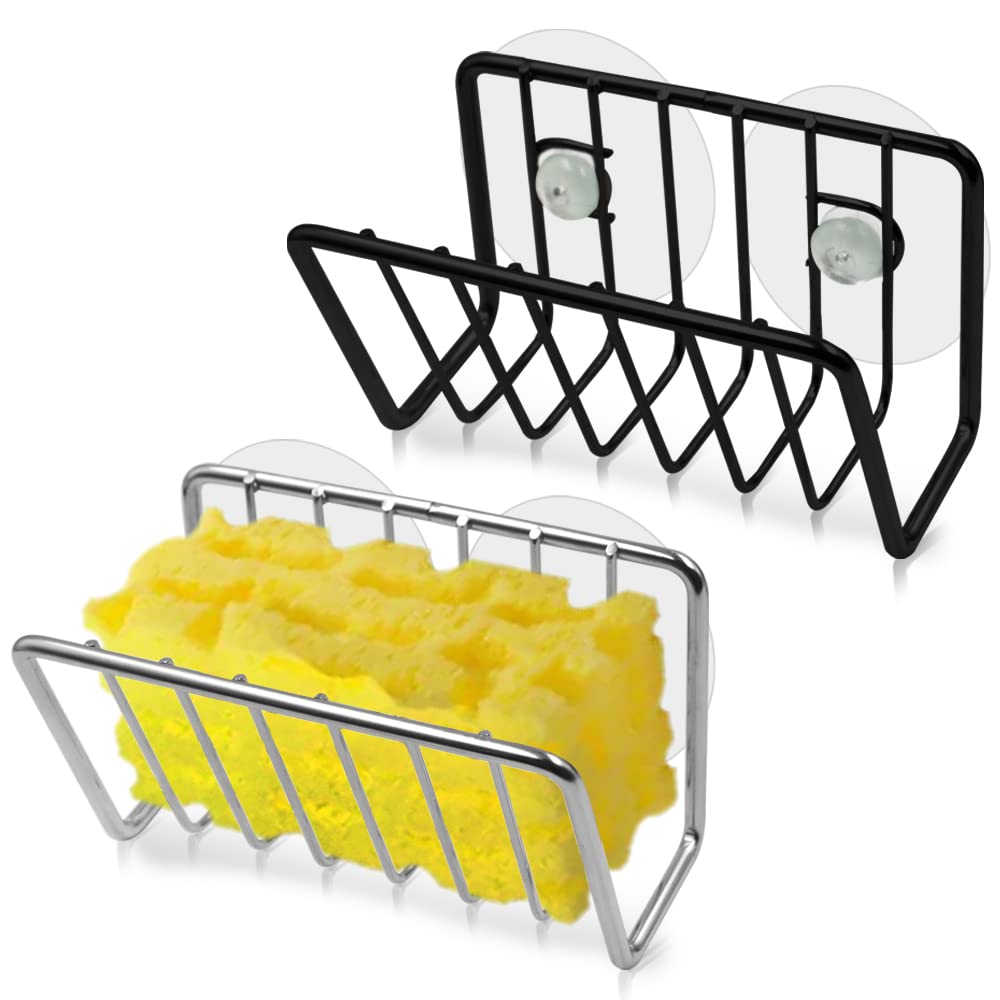 AFUNTA Sponge Holder for Kitchen Sink, 2 Pcs Stainless Steel Sponge Holder Sink Basket Storage Rack, with 4 Suction Cups, for Sponge, Soap, Scrubber