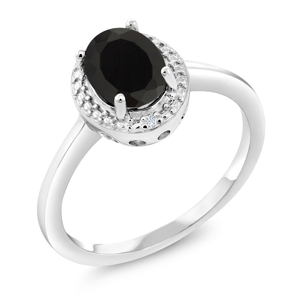 Gem Stone King 1.26 Ct Oval Black Onyx & White Diamond 925 Sterling Silver Women's Ring (Available 5,6,7,8,9)