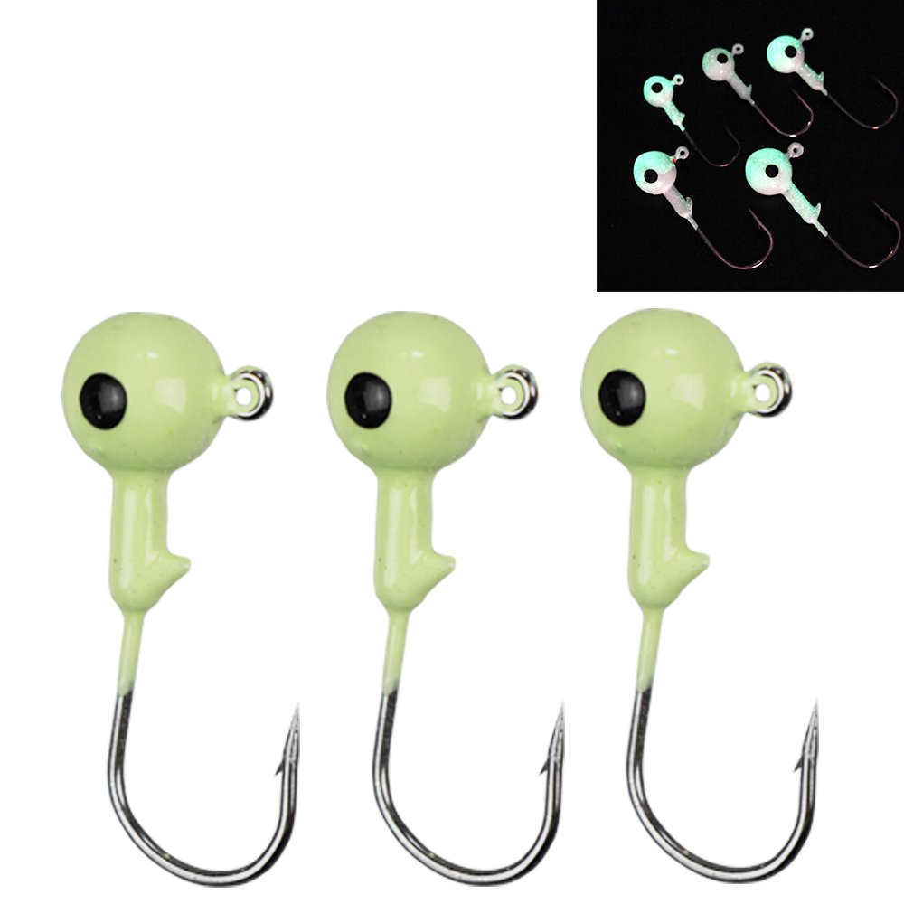 ICE SEA Glowing Jig Ball Double Eye High Carbon Steel Hook Fluorescent Round Jig Head Lead Fishing Hooks for Saltwater/Freshwater