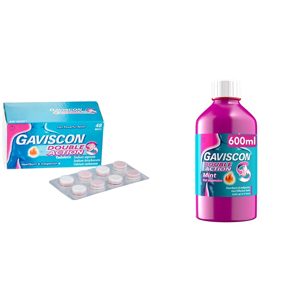 Gaviscon Double Action Tablets Heartburn and Indigestion, Pack of 48 & Heartburn and Indigestion Liquid, Double Action, Mint Flavour, 600 ml