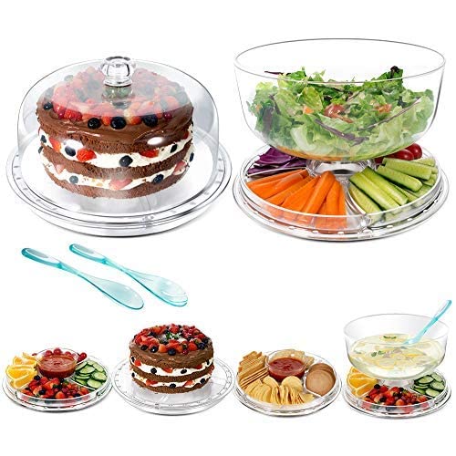 Masthome6 in 1 Acrylic Cake Stand with Dome Lid (12") Extra Large Multifunctional Serving Platter and Cake Holder, Salad Bowl/Punch Bowl/Desert Platter/Chips & Dip/Cake Plate,BPA Free - Send 2 Spoons