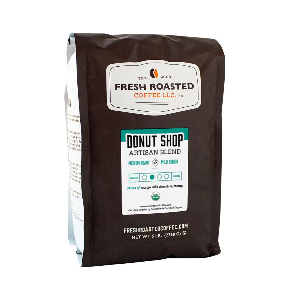 Fresh Roasted CoffeeOrganic Donut Shop, 5 lb (80 oz), Medium Roast, Kosher, Whole Bean