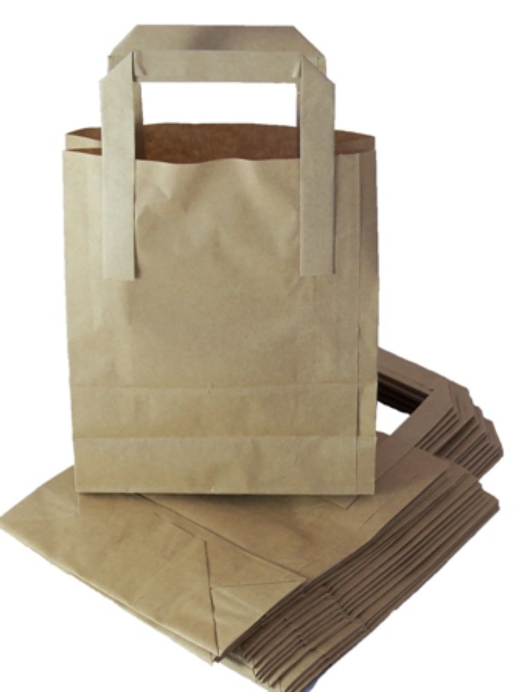 100 Medium Brown Kraft Paper Carrier Bags With Handles SOS Block Bottom Size 8 x 4 x 10" Food Takeaway Party 80gsm