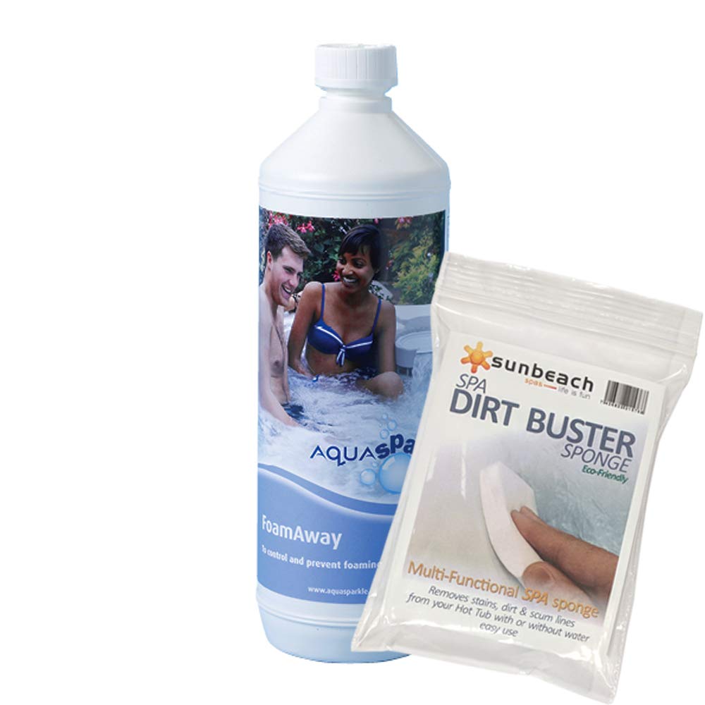 AQUASPARKLE 1L Foam Away for Hot Tubs & Spa with FREE Sunbeach Dirt Buster Sponge