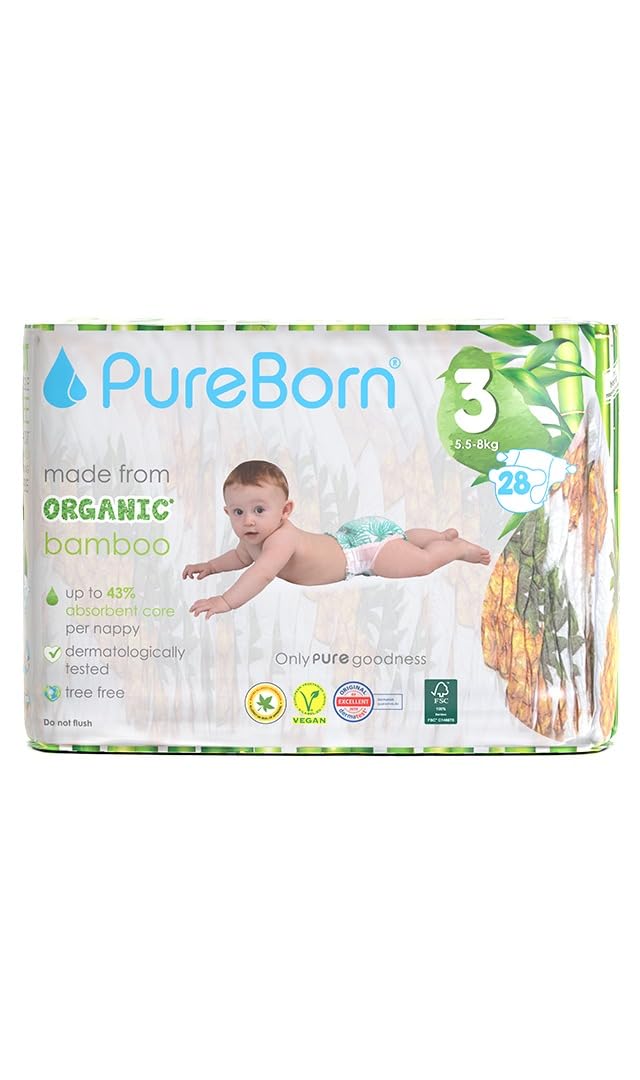 PureBornOrganic Natural Bamboo Baby Disposable Diapers-Size 3 From 5.5 to 8 Kg - 28 pcs_Cloud Print_Premium Super Soft_ Maximum Leakage protection_Eco friendly Nappies_NB Essentials