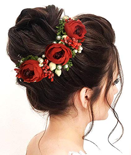 Hair Flare2170 Artificial Rose Flowers Hair Vein, Women Hair Accessories, Hair Pins For Girls- Dark Red