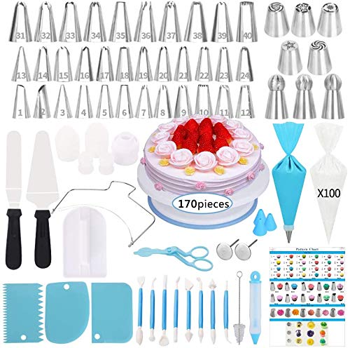 Cake Decorating Supplies Kit,170 PCS Baking Supplies Set with Icing Piping Tips & Russian Nozzles with Pattern Chart, Rotating Turntable Stand, Frosting, Piping Bags - Best Mother’s Day Gifts