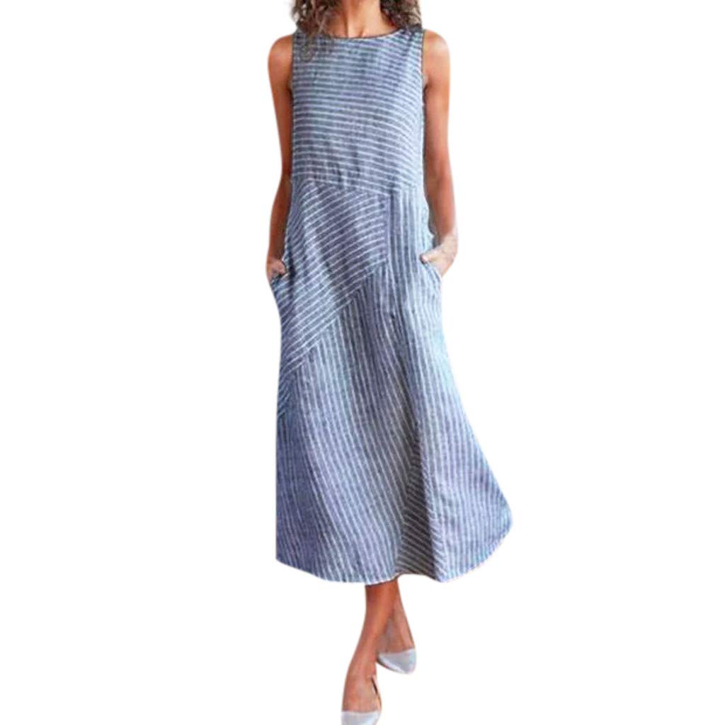 Starryflashing_Women DressWomen Casual Striped Print Sleeveless Dress Crew Neck Linen Pocket Long Dress