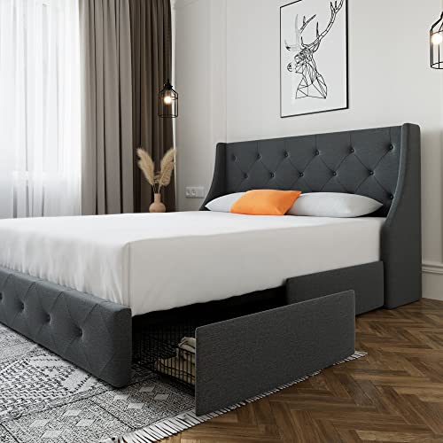 queen size storage bed - SHA CERLIN Upholstered Queen Size Platform Bed Frame with 4 Storage Drawers and Wingback Headboard, Diamond Stitched Button Tufted Design, No Box Spring Needed, Dark Grey