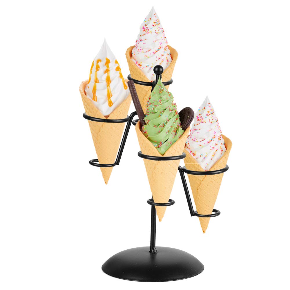 Black Iron Ice Cream Cone Holder Stand with Base 4 Holes to Display Snow Cones Sushi Hand Rolls Popcorn Candy French Fries Sweets Savory