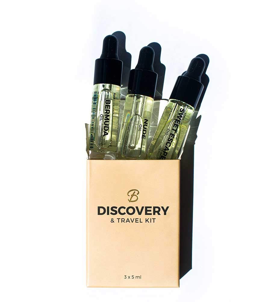 BUSH BALM DISCOVERY AND TRAVEL KIT - NUDE, BERMUMDA & SWEET ESCAPE OIL, U