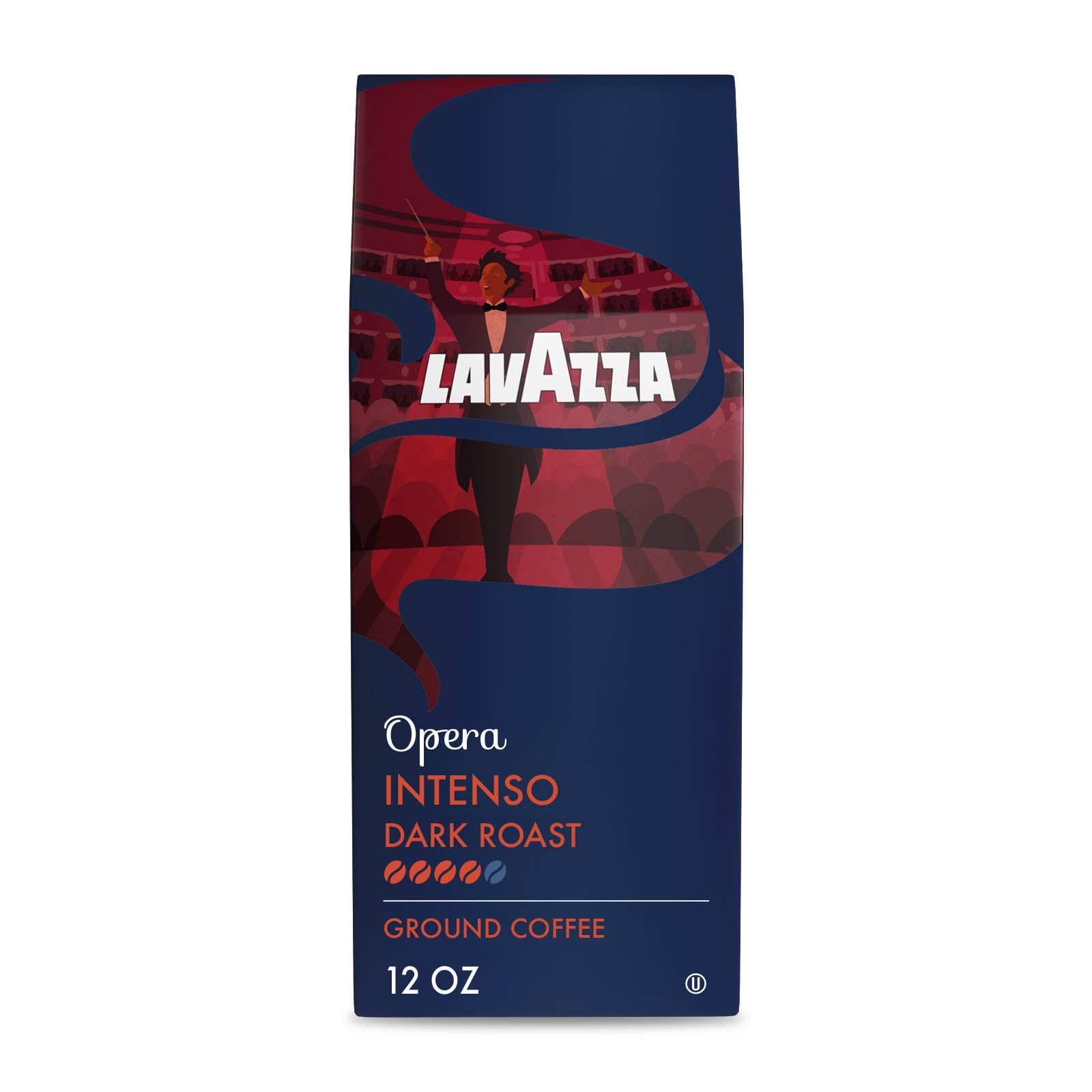 LavazzaOpera Intenso Ground Coffee 12oz Bag, Dark Roast, Bold and Balanced Taste, Intensity 4/5, Arabica and Robusta, Ideal for Drip Brewers, (Pack of 1) - Package May Vary