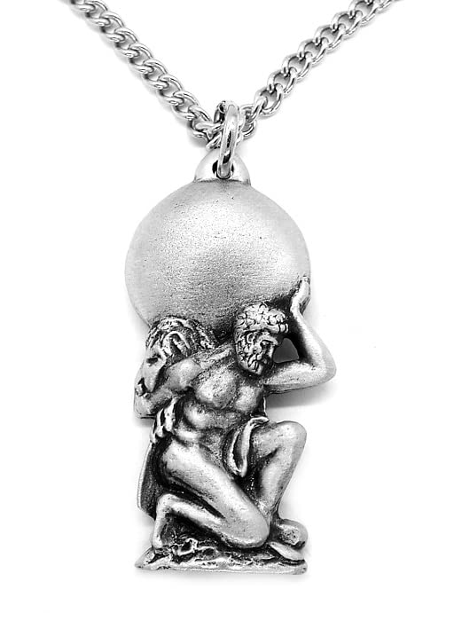 Atlas the Titan Pendant (pre Olympian Greek God) With 21inch, 3mm wide, Steel Curb Chain in a Lemon Burlap Pouch