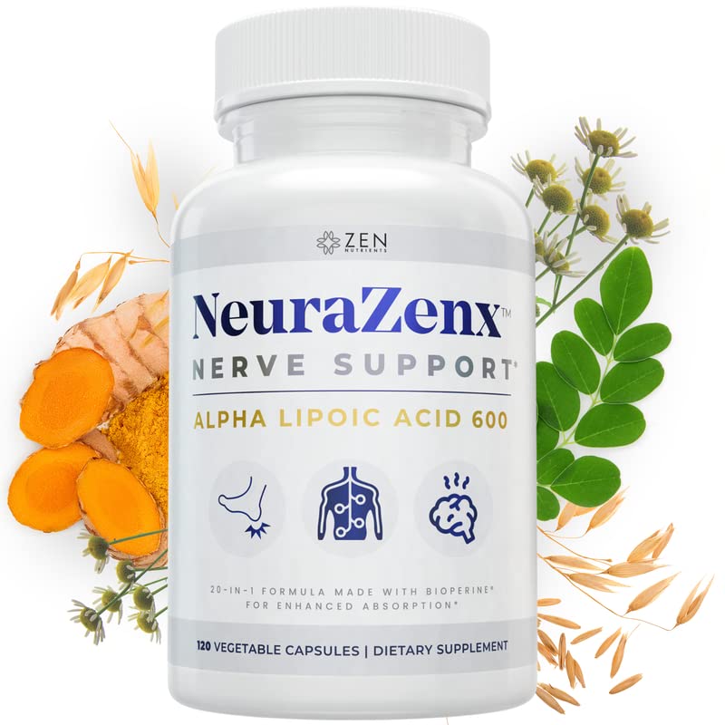 Zen Nutrients - Neurazenx Nerve Pain Relief and Neuropathy Support Supplement, with 1200mg Alpha Lipoic Acid, Benfotiamine, L-Carnitine, and Turmeric, Non-GMO Nerve Support, 120 Vegan Capsules