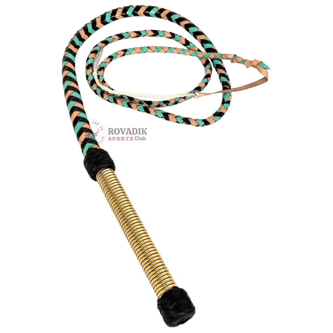 Rovadik Genuine Leather Bullwhip Hunter 6 Feet Long 16 Strands Nylon para-Cord Bullwhip Belly Bolster Construction with Fancy Wooden Handle (Beige/Green)