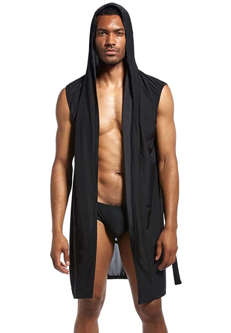 MendoveMen's Silky Sexy Sleeveless Summer Robe Hooded Bathrobe