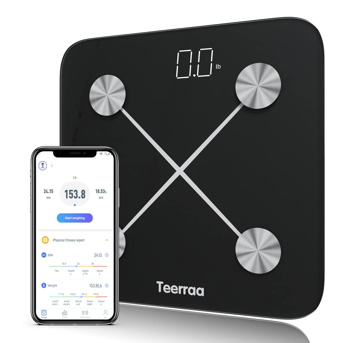 Teerraa Smart Weight Scale, Digital Body Fat Bathroom Weighing Machine for Fat, Water, Muscle, BMI - Electronic Body Composition Monitors with Smartphone App Connectivity (Black)