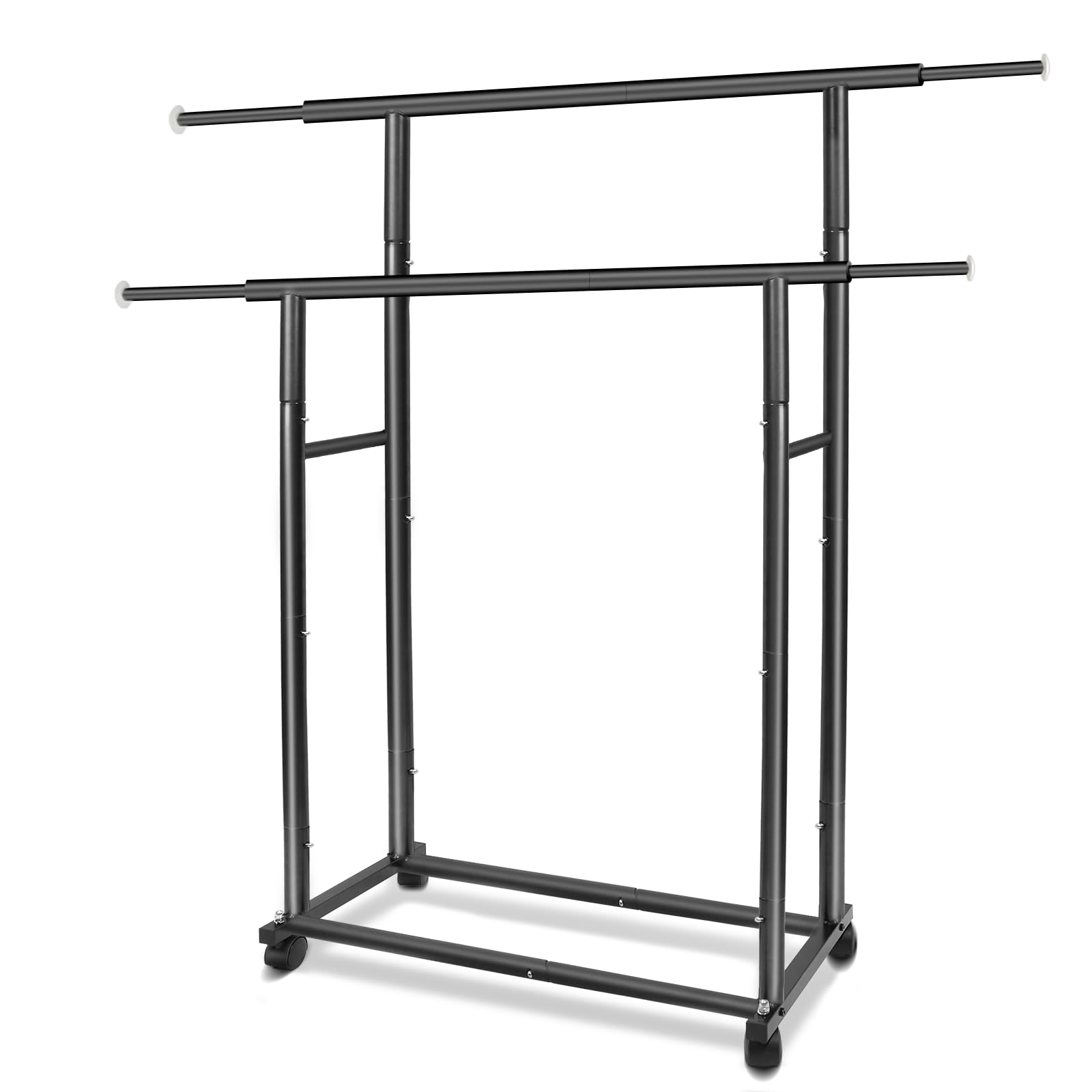 Black Simple Standard 2 Double Rod Clothing Metal Garment Rack for Hanging Clothes, Rolling Clothes Organizer with Mobile Lockable Wheels