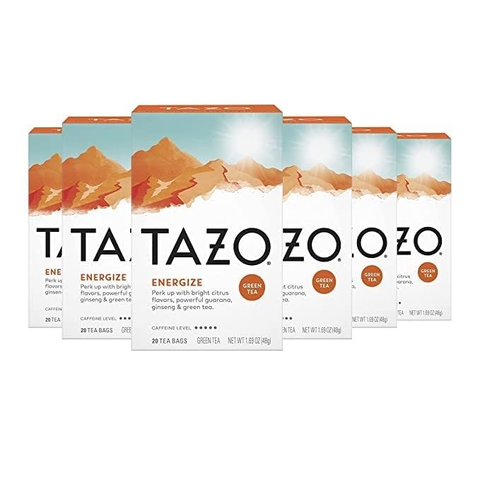 Tazo Green Tea Bags Energizing Hot Tea Energize Herbal,myfitfuel,Bold, Ginger,Gurana,Ginseng 1.41 oz (pack of 2 with 40 Green Tea Bags)