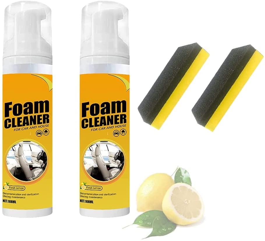 Foam Cleaner for Car, Multi-purpose Household Cleaner, Lemon Flavor Foam Cleaner, for Car Interior, House, Kitchen Multi-purpose High Effective Foam Cleaner Spray (2pcs*100ml)