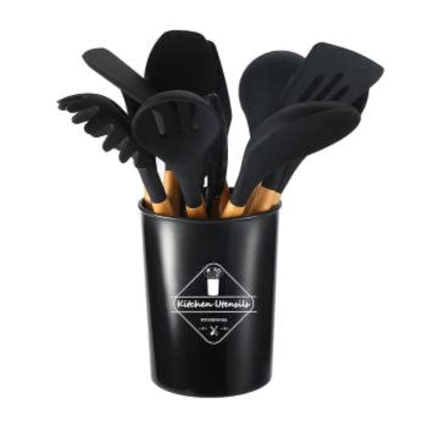 AWH 12 Pcs Silicone Cooking Utensils Kitchen Utensil Set - 446°F Heat Resistant,Turner Tongs, Spatula, Spoon, Brush, Whisk, Wooden Handle Kitchen Gadgets with Holder for Nonstick Cookware (Black)