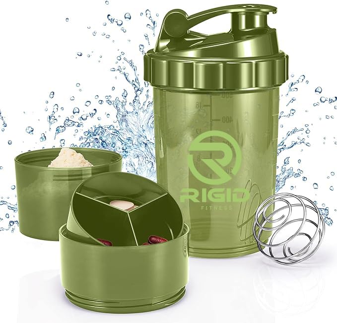 RIGID FITNESSProtein Shaker Bottle (500ml) Transparent - Leak-Proof Blender Bottle with Powder and Pill Storage Compartment - BPA Free Shaker Bottle for Gym And Workouts (Light Green)