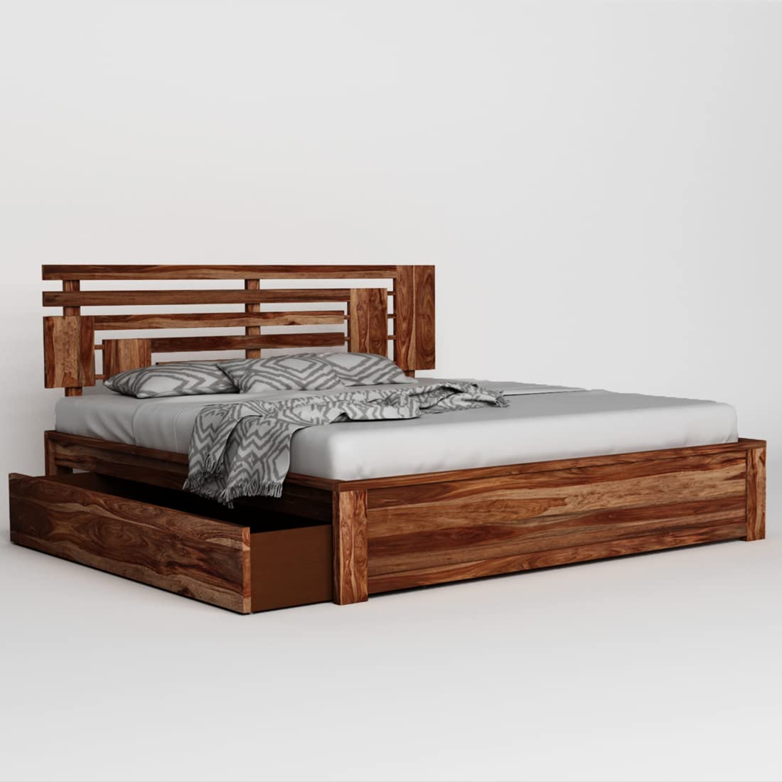 Ck Homez Sheesham Wood Queen Size Beldon Bed with Drawers Storage Wooden Palang Double Bed Furniture for Bedroom Living Room Home Hotel (Brown Finish)