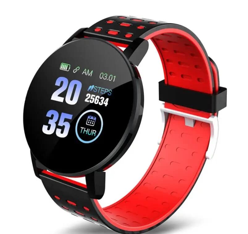 Generic Affordable Smart Watch Band Bracelet for Boys Girls Kids Teens Men Women with Blood Pressure Monitor Fitness Tracker Call and Message Notification - Circular Dial (Red + Black)