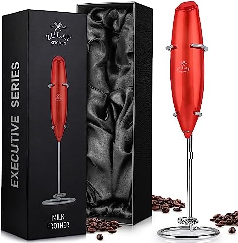 Zulay Executive Series Ultra Premium Gift Milk Frother For Coffee with Deluxe, Radiant Finish - Coffee Frother Handheld Foam Maker - Electric Milk Frother Handheld For Lattes Premium UV Red