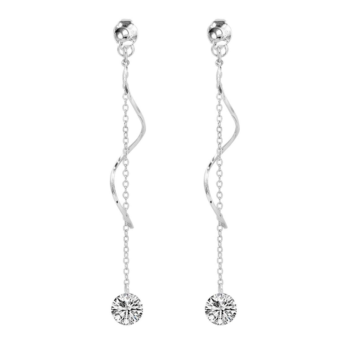 SLUYNZ925 Sterling Silver CZ Droplet Dangle Earrings Chain for Women Teen Girls Long Dangle Earrings Curved Tassel