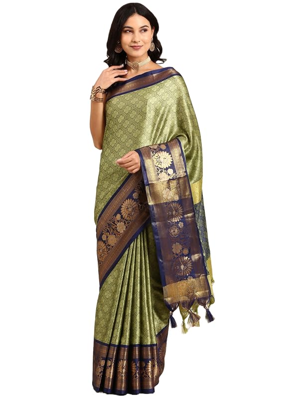 SILK SAREE HUB Womens Cotton Silver & Golden Dual Tone Jari Border And Dashing Weaving Work Rich Pallu Silk Saree With Unstiched Blouse