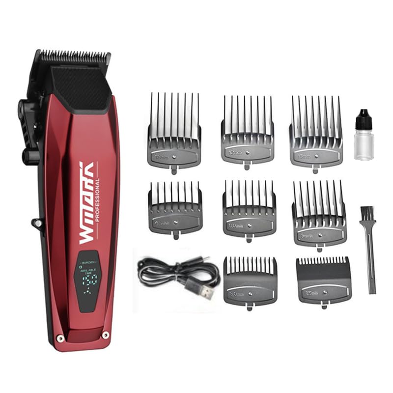 WMARK NG-125 Salon Series Professional Hair Clipper 5CR15 Stainless Steel fixed faper blade & Ceramic moving blade 7500 RPM motor Digital Display 4 Taper Lever 8 Guide Comb Runtime 150 min, Red