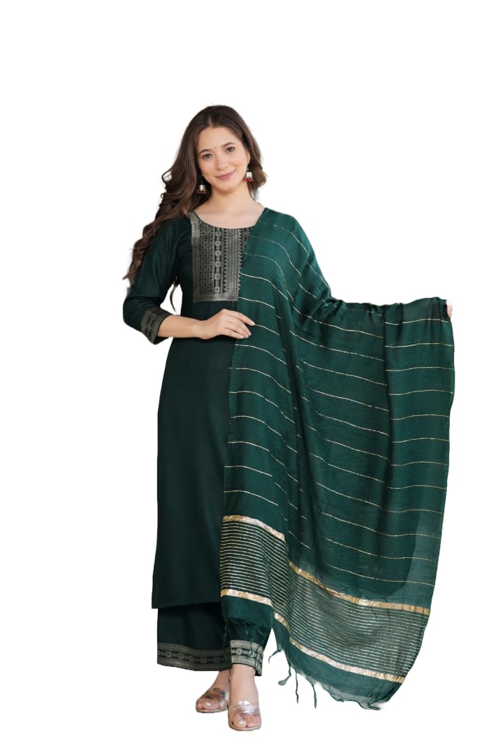 Solid Green Color Rayon Straight kurti-pajayma set with duppata for women.